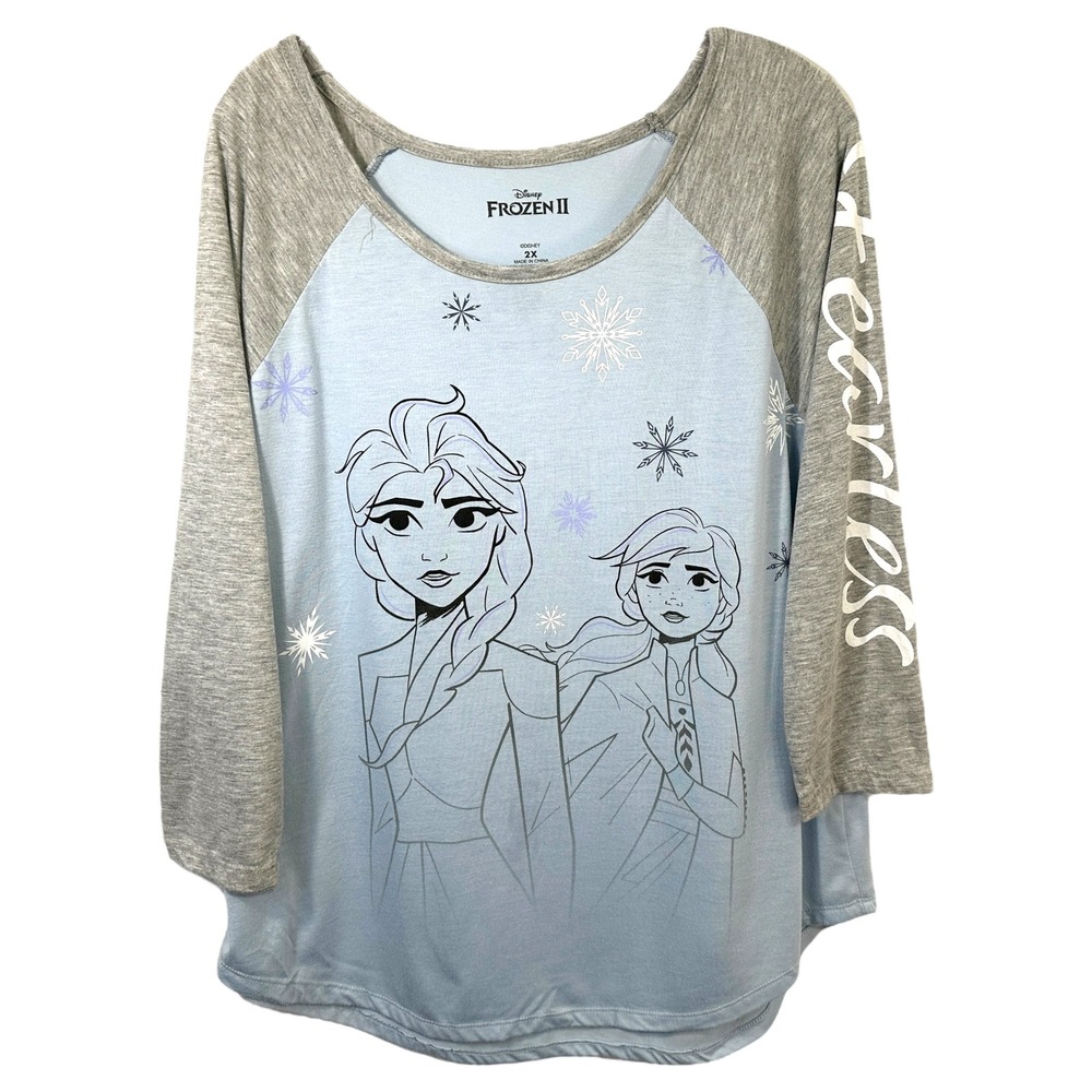 Disney Frozen Plus Size 2X Top Elsa‎ Anna Raglan Sleeve Fearless Blue Gray 405